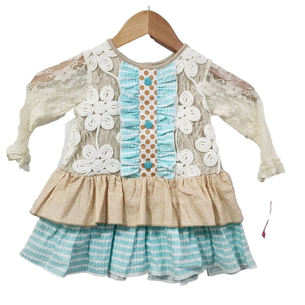Ricrac & Ruffles Ruffle Lace Long Sleeve Dress Girls 18M NWT Tan Beige Blue